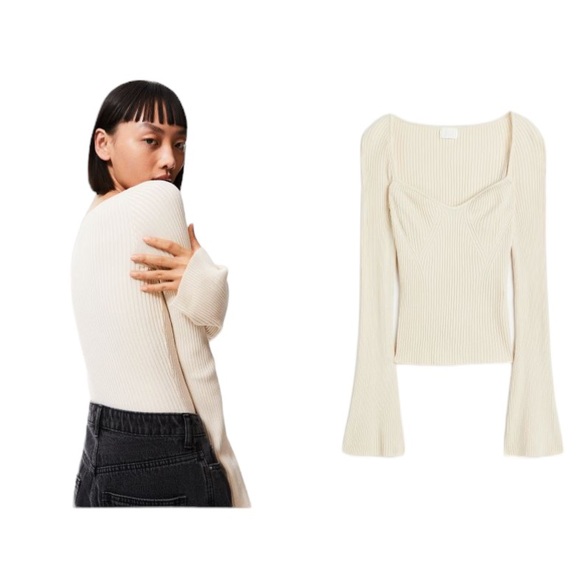 H&M Sweetheart Neck Line V Plunge Color: Cream Long Split Sleeve Sweater Size S… - Picture 10 of 10